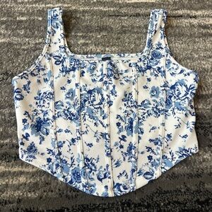 SHEIN Toile Print Faux Corset Style Fitted Cropped Top With Rounded Hem